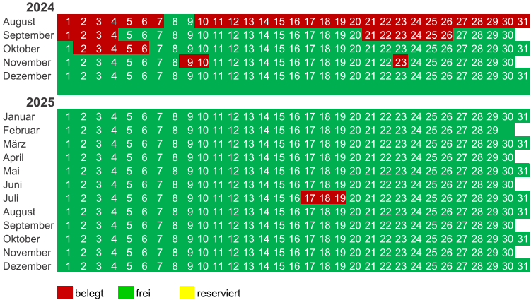 2024 August 1 2 3 4 5 6 7 8 9 10 11 12 13 14 15 16 17 18 19 20 21 22 23 24 25 26 27 28 29 30 31 September 1 2 3 4 5 6 7 8 9 10 11 12 13 14 15 16 17 18 19 20 21 22 23 24 25 26 27 28 29 30 Oktober 1 2 3 4 5 6 7 8 9 10 11 12 13 14 15 16 17 18 19 20 21 22 23 24 25 26 27 28 29 30 31 November 1 2 3 4 5 6 7 8 9 10 11 12 13 14 15 16 17 18 19 20 21 22 23 24 25 26 27 28 29 30 Dezember 1 2 3 4 5 6 7 8 9 10 11 12 13 14 15 16 17 18 19 20 21 22 23 24 25 26 27 28 29 30 31 2025 Januar 1 2 3 4 5 6 7 8 9 10 11 12 13 14 15 16 17 18 19 20 21 22 23 24 25 26 27 28 29 30 31 Februar 1 2 3 4 5 6 7 8 9 10 11 12 13 14 15 16 17 18 19 20 21 22 23 24 25 26 27 28 29 Mrz 1 2 3 4 5 6 7 8 9 10 11 12 13 14 15 16 17 18 19 20 21 22 23 24 25 26 27 28 29 30 31 April 1 2 3 4 5 6 7 8 9 10 11 12 13 14 15 16 17 18 19 20 21 22 23 24 25 26 27 28 29 30 Mai 1 2 3 4 5 6 7 8 9 10 11 12 13 14 15 16 17 18 19 20 21 22 23 24 25 26 27 28 29 30 31 Juni 1 2 3 4 5 6 7 8 9 10 11 12 13 14 15 16 17 18 19 20 21 22 23 24 25 26 27 28 29 30 Juli 1 2 3 4 5 6 7 8 9 10 11 12 13 14 15 16 17 18 19 20 21 22 23 24 25 26 27 28 29 30 31 August 1 2 3 4 5 6 7 8 9 10 11 12 13 14 15 16 17 18 19 20 21 22 23 24 25 26 27 28 29 30 31 September 1 2 3 4 5 6 7 8 9 10 11 12 13 14 15 16 17 18 19 20 21 22 23 24 25 26 27 28 29 30 Oktober 1 2 3 4 5 6 7 8 9 10 11 12 13 14 15 16 17 18 19 20 21 22 23 24 25 26 27 28 29 30 31 November 1 2 3 4 5 6 7 8 9 10 11 12 13 14 15 16 17 18 19 20 21 22 23 24 25 26 27 28 29 30 Dezember 1 2 3 4 5 6 7 8 9 10 11 12 13 14 15 16 17 18 19 20 21 22 23 24 25 26 27 28 29 30 31 belegt frei reserviert